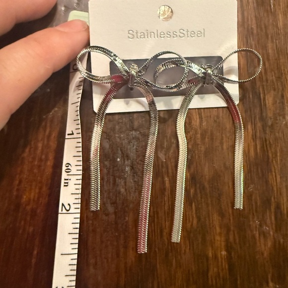 Elegant Silver Bow Drop Earrings – Stainless Steel - Picture 2 of 4